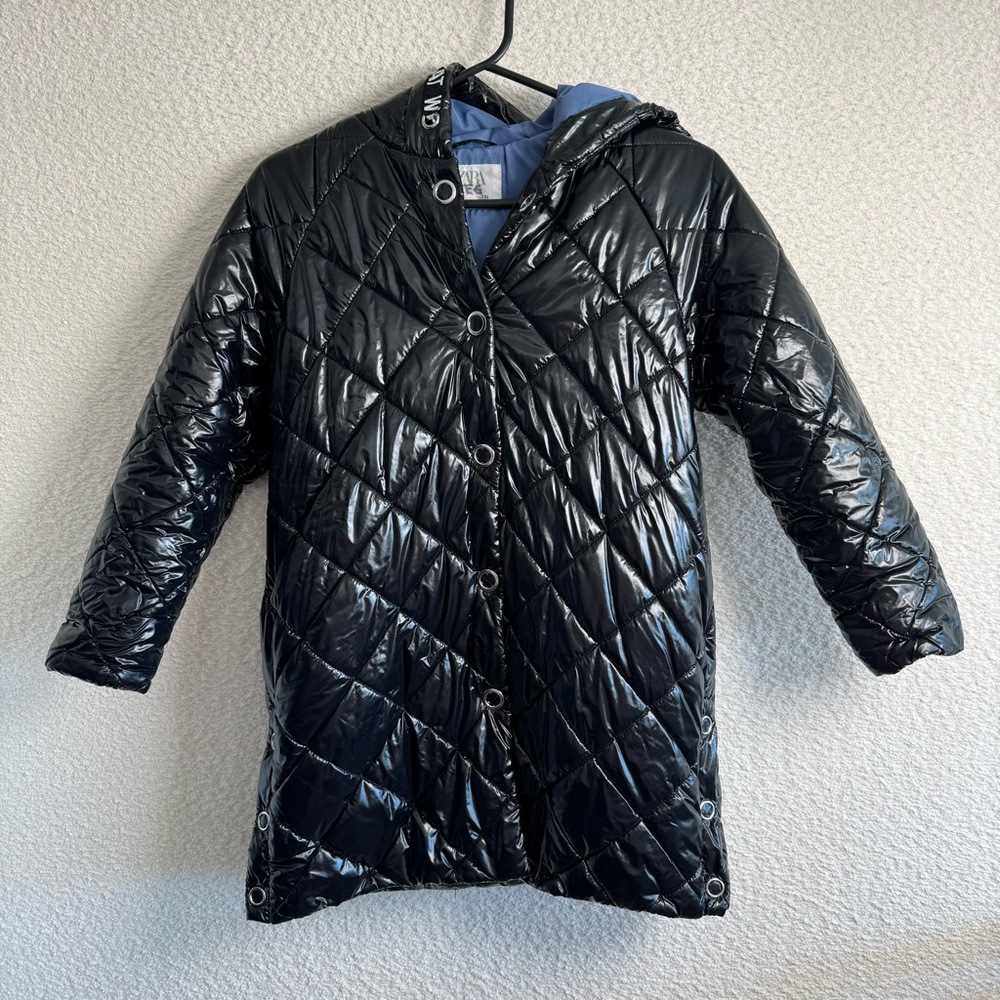 Zara Diamond Quilted Shiny Black Hooded Puffer Long Jacket Winter Coat Size 9